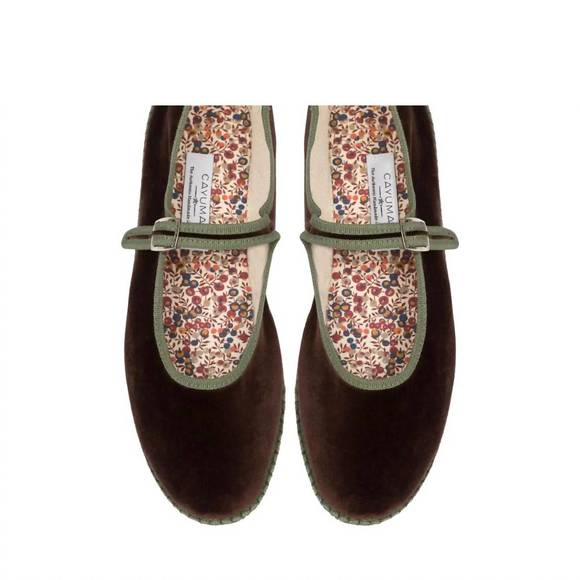 CAYUMAS Shoes - Brown Velvet Flats with Green Trim